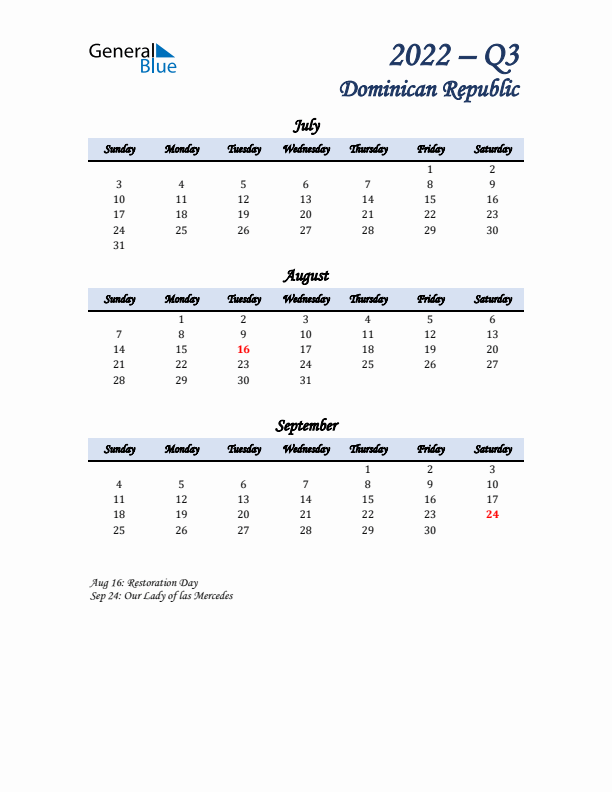 July, August, and September Calendar for Dominican Republic with Sunday Start