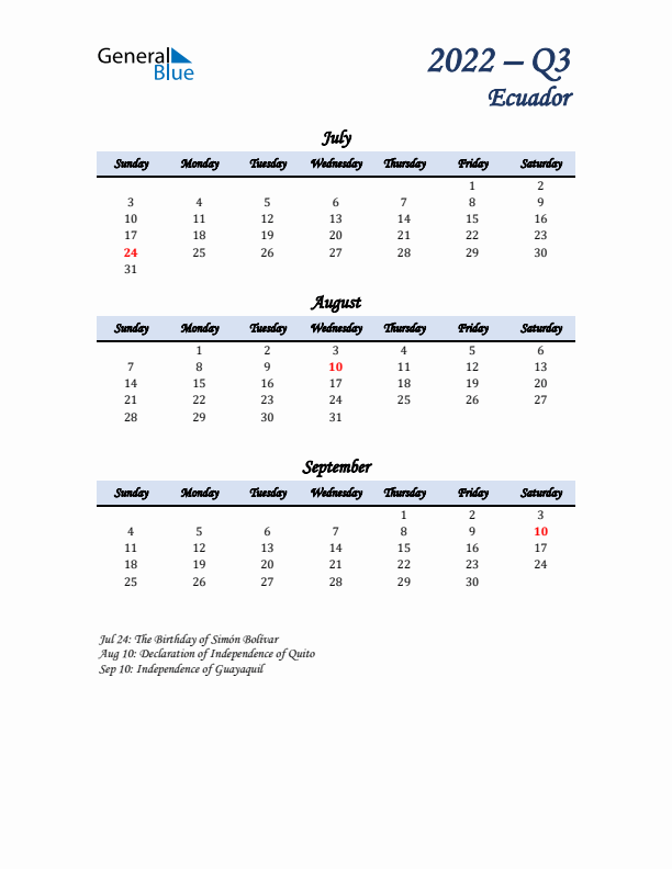 July, August, and September Calendar for Ecuador with Sunday Start