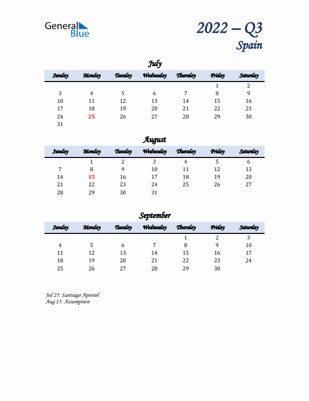 July, August, and September Calendar for Spain with Sunday Start