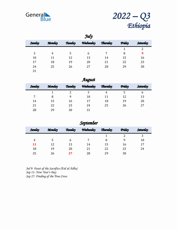 July, August, and September Calendar for Ethiopia with Sunday Start