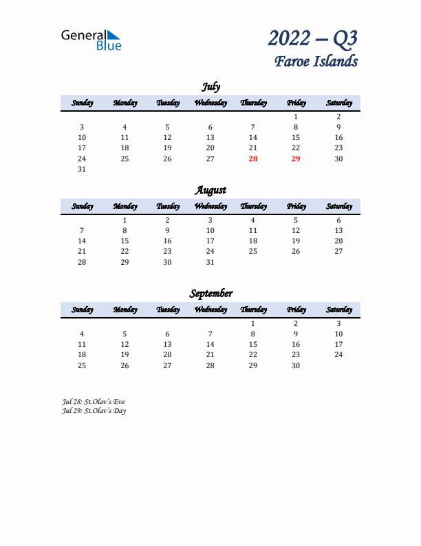 July, August, and September Calendar for Faroe Islands with Sunday Start