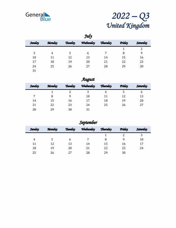 July, August, and September Calendar for United Kingdom with Sunday Start