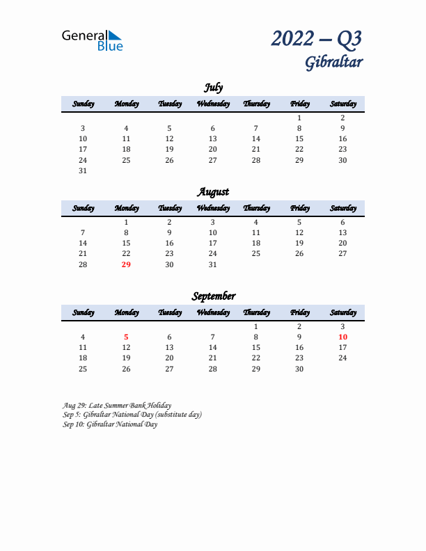 July, August, and September Calendar for Gibraltar with Sunday Start