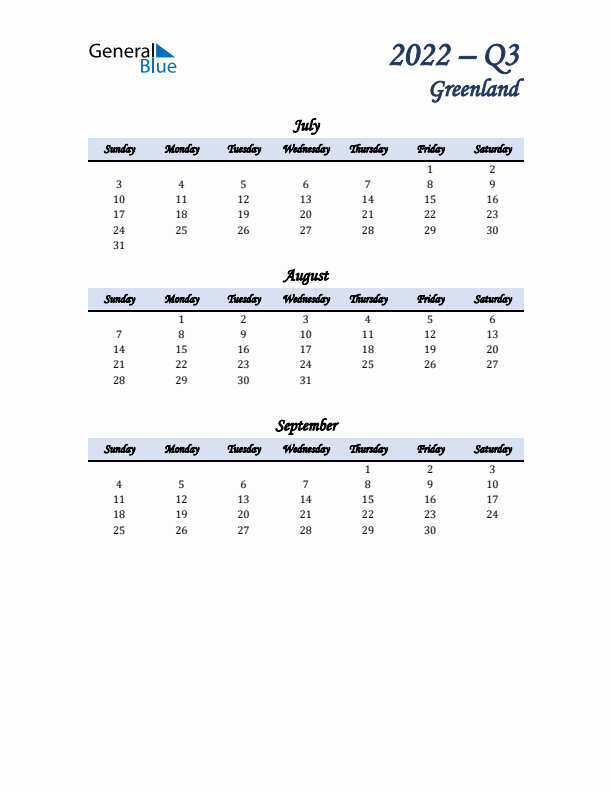 July, August, and September Calendar for Greenland with Sunday Start