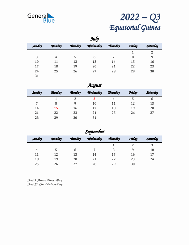 July, August, and September Calendar for Equatorial Guinea with Sunday Start