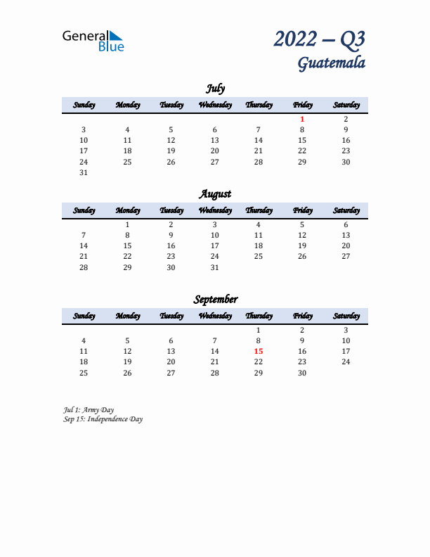 July, August, and September Calendar for Guatemala with Sunday Start