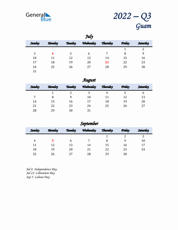 July, August, and September Calendar for Guam with Sunday Start