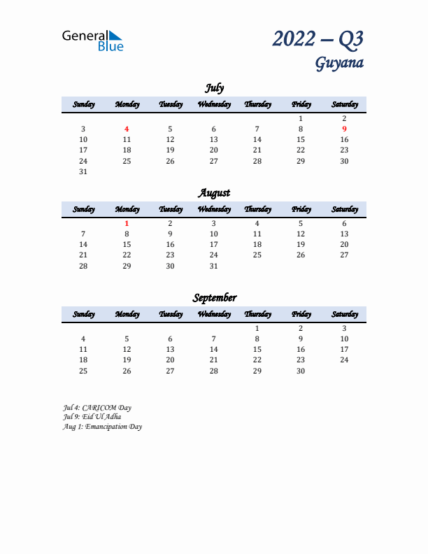 July, August, and September Calendar for Guyana with Sunday Start