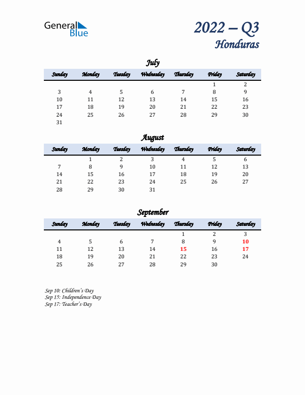 July, August, and September Calendar for Honduras with Sunday Start