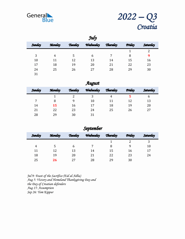 July, August, and September Calendar for Croatia with Sunday Start