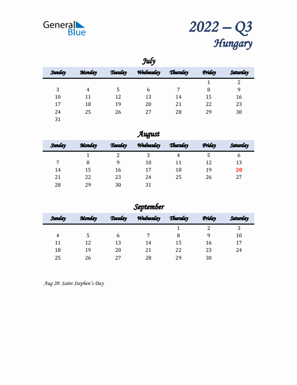 July, August, and September Calendar for Hungary with Sunday Start