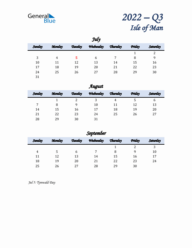 July, August, and September Calendar for Isle of Man with Sunday Start