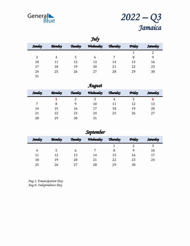 July, August, and September Calendar for Jamaica with Sunday Start