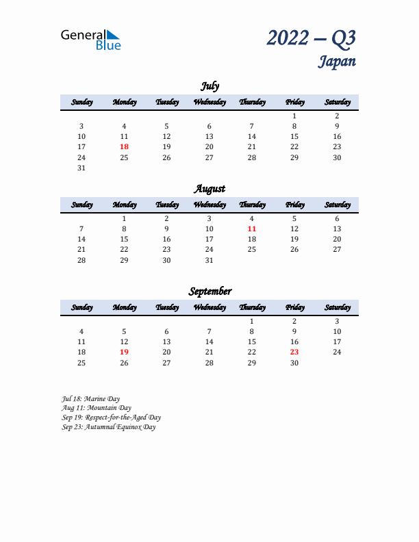 July, August, and September Calendar for Japan with Sunday Start