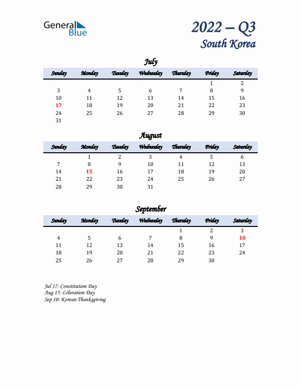 July, August, and September Calendar for South Korea with Sunday Start