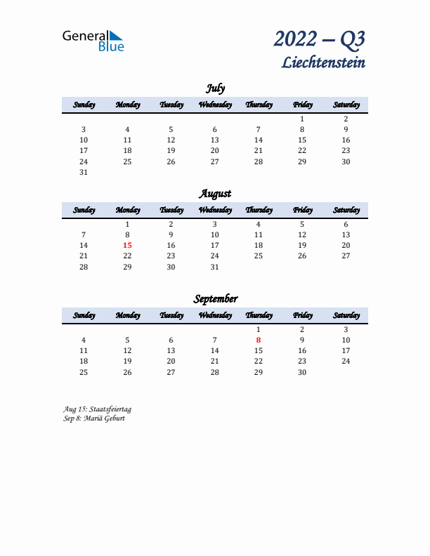 July, August, and September Calendar for Liechtenstein with Sunday Start