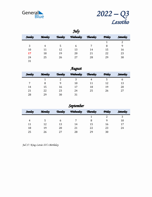 July, August, and September Calendar for Lesotho with Sunday Start