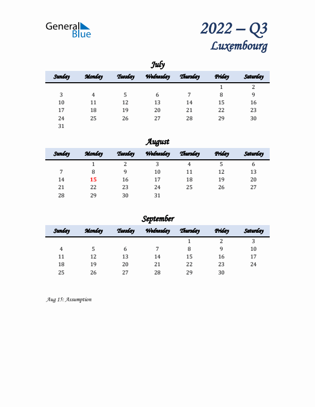 July, August, and September Calendar for Luxembourg with Sunday Start