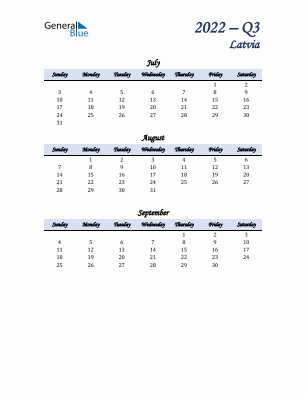 July, August, and September Calendar for Latvia with Sunday Start