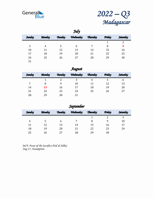 July, August, and September Calendar for Madagascar with Sunday Start