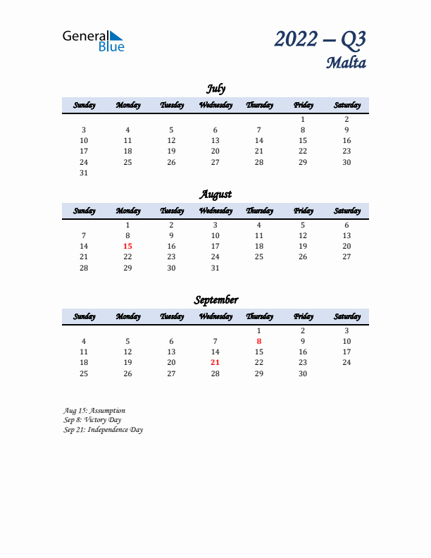 July, August, and September Calendar for Malta with Sunday Start