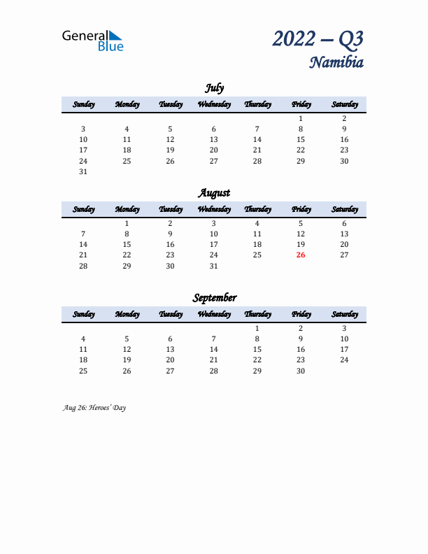 July, August, and September Calendar for Namibia with Sunday Start