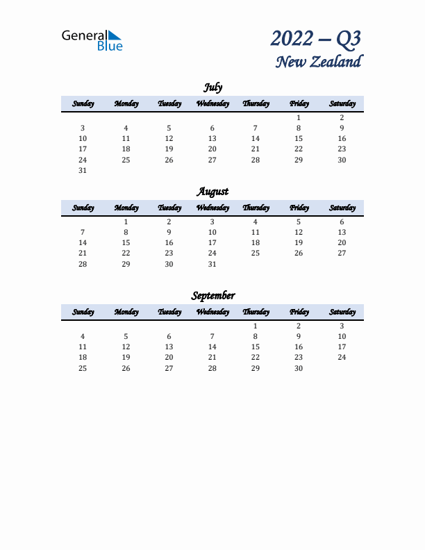 July, August, and September Calendar for New Zealand with Sunday Start