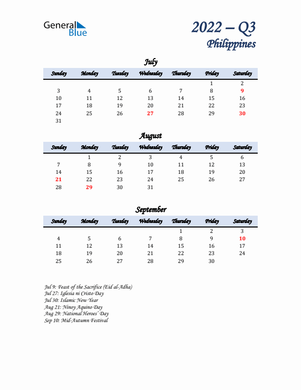 July, August, and September Calendar for Philippines with Sunday Start