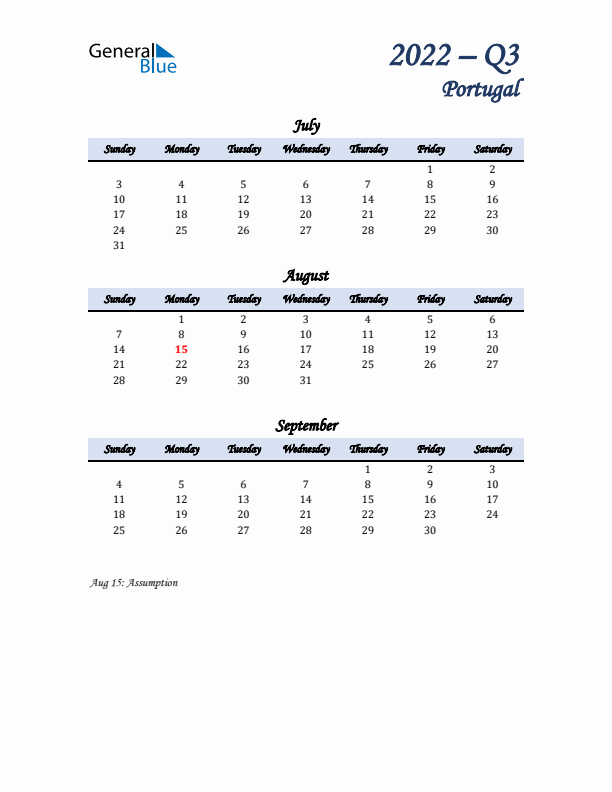 July, August, and September Calendar for Portugal with Sunday Start