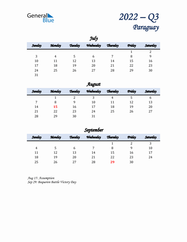 July, August, and September Calendar for Paraguay with Sunday Start