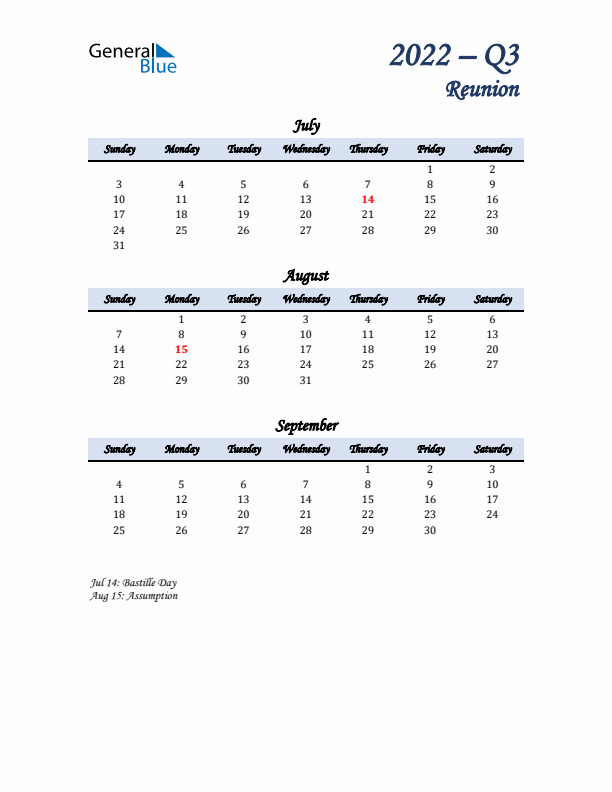 July, August, and September Calendar for Reunion with Sunday Start