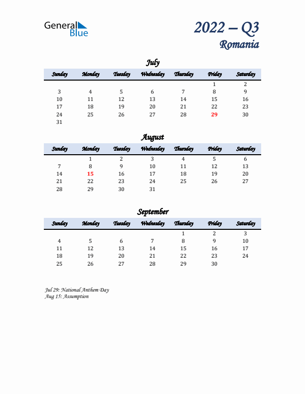 July, August, and September Calendar for Romania with Sunday Start