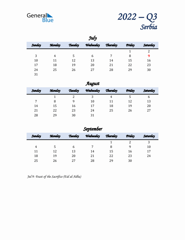 July, August, and September Calendar for Serbia with Sunday Start