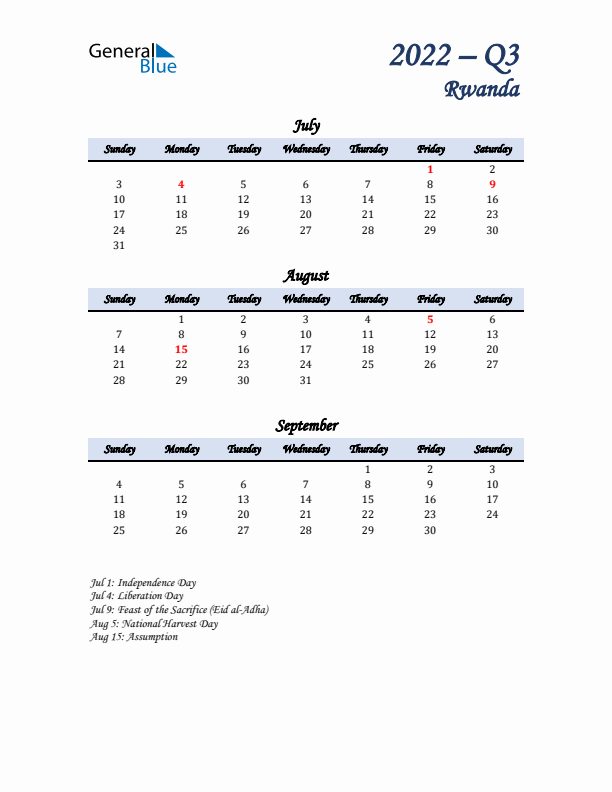 July, August, and September Calendar for Rwanda with Sunday Start