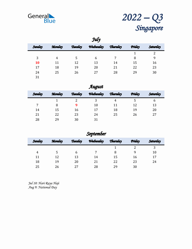 July, August, and September Calendar for Singapore with Sunday Start