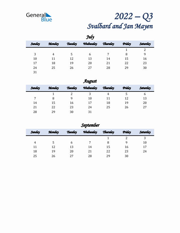 July, August, and September Calendar for Svalbard and Jan Mayen with Sunday Start