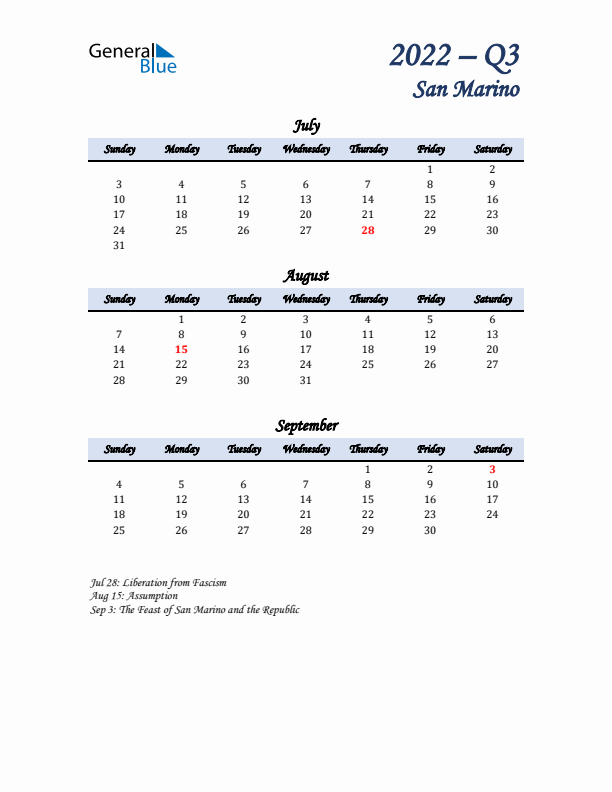 July, August, and September Calendar for San Marino with Sunday Start