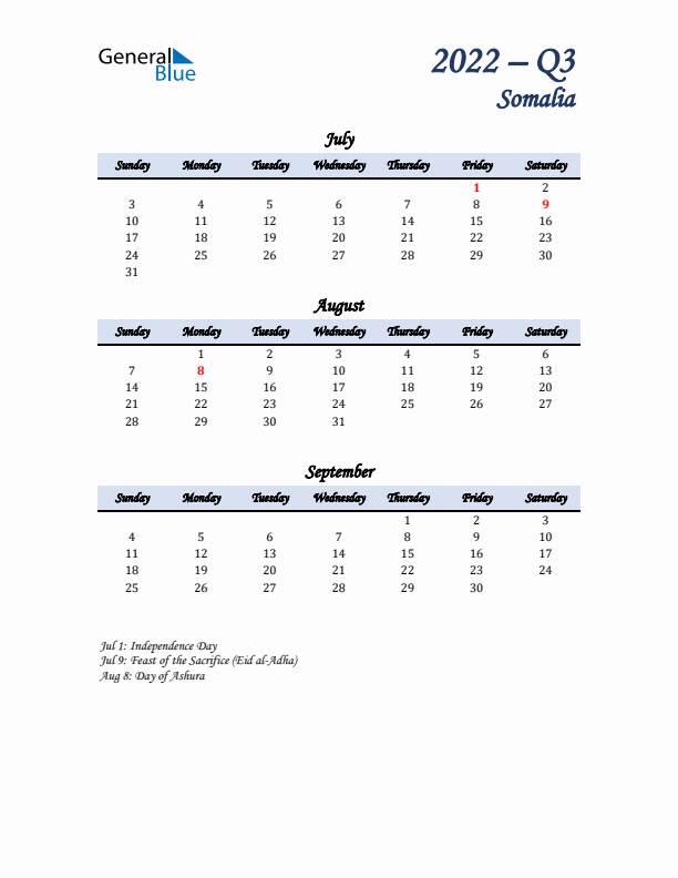 July, August, and September Calendar for Somalia with Sunday Start