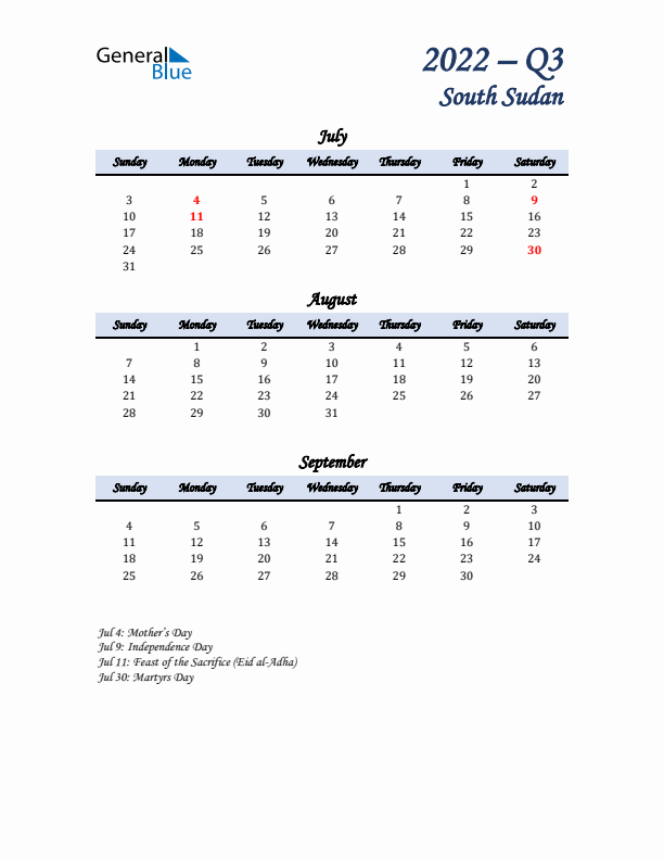 July, August, and September Calendar for South Sudan with Sunday Start