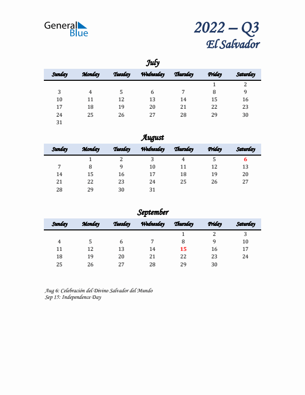 July, August, and September Calendar for El Salvador with Sunday Start