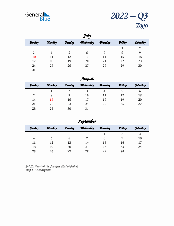 July, August, and September Calendar for Togo with Sunday Start