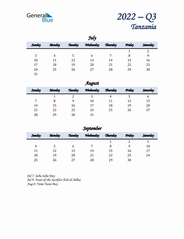 July, August, and September Calendar for Tanzania with Sunday Start