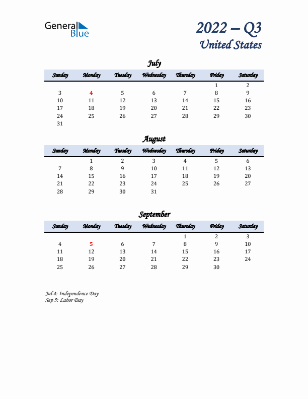 July, August, and September Calendar for United States with Sunday Start