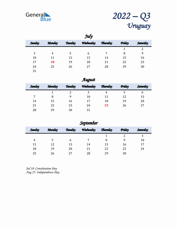 July, August, and September Calendar for Uruguay with Sunday Start