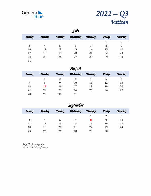 July, August, and September Calendar for Vatican with Sunday Start