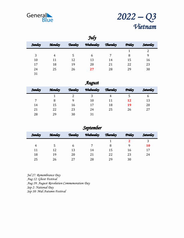 July, August, and September Calendar for Vietnam with Sunday Start