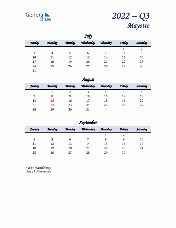 July, August, and September Calendar for Mayotte with Sunday Start