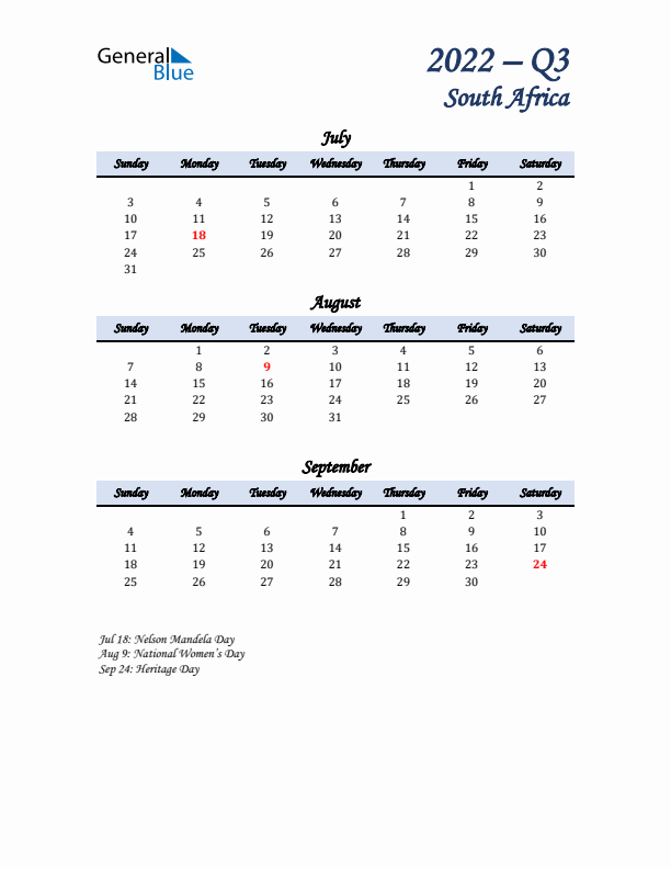 July, August, and September Calendar for South Africa with Sunday Start