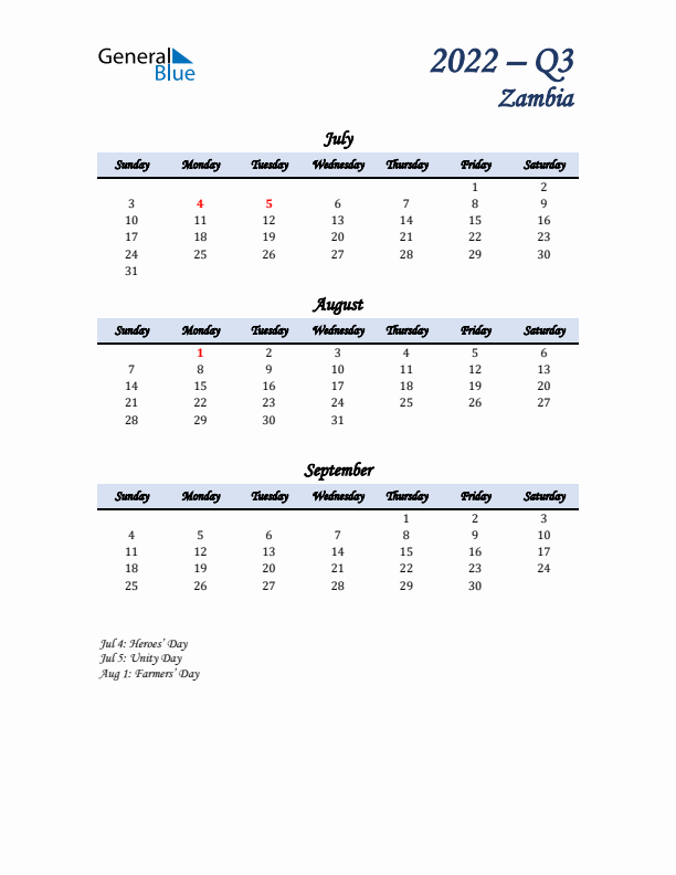 July, August, and September Calendar for Zambia with Sunday Start