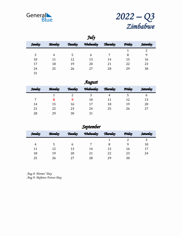 July, August, and September Calendar for Zimbabwe with Sunday Start